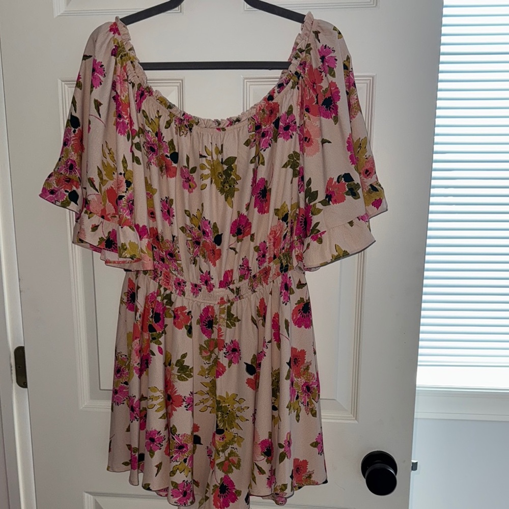 Aakaa Floral Off-Shoulder Romper - Pink and Green